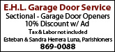 E.H.L. Garage Door Service Sponsorship Banner